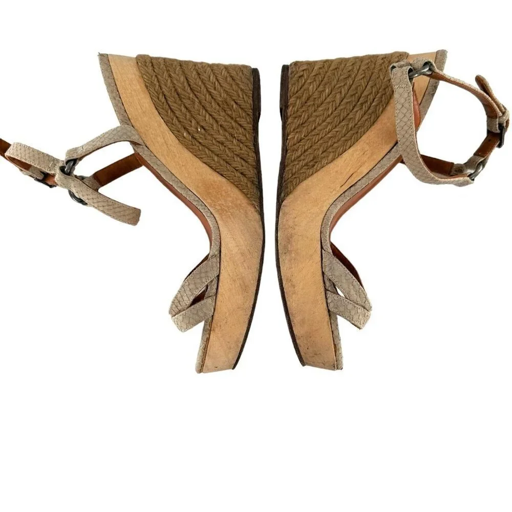 LANVIN Beige Textured Leather Ankle Strap Espadrille Wedge Heel Sandals Size 40
